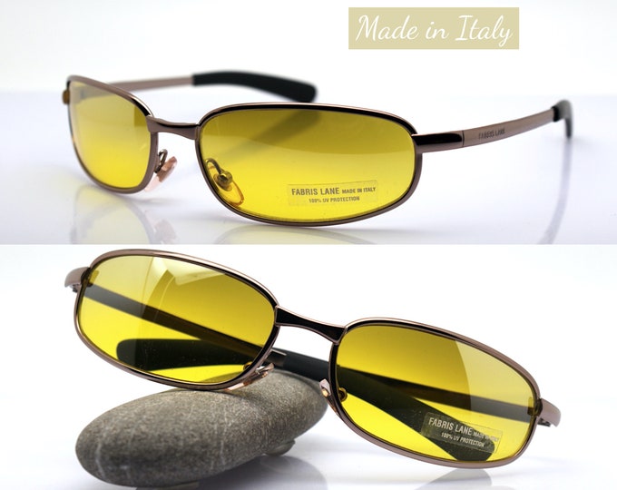 Featured listing image: Wrap low oval rectangular sunglasses man gunmetal gold/copper metal frame gradient yellow clear lens vintage 2000s sport style Made in Italy