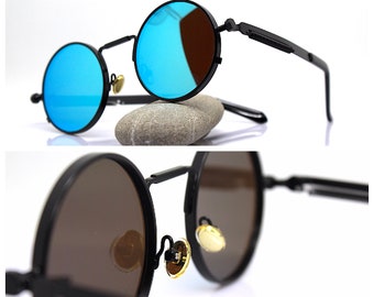 Round oval sunglasses man woman black metal frame mirror blue lens Steampunk Vampire gothic Cyberpunk rock punk, occhiali rotondi nero blu