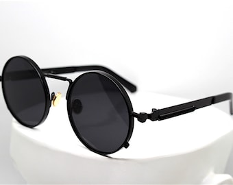 Polarisierte Steampunk-Sonnenbrille, rund, für Männer und Frauen, schwarzer Metallrahmen, schwarze Gläser, Industrie-Stil mit mechanischer Feder, Vampir-Gothic-Rock-Punk