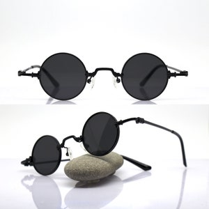 Small Round rock sunglasses man woman metal black frame black lens Steampunk cyberpunk vampire punk gothic Victorian style, round glasses