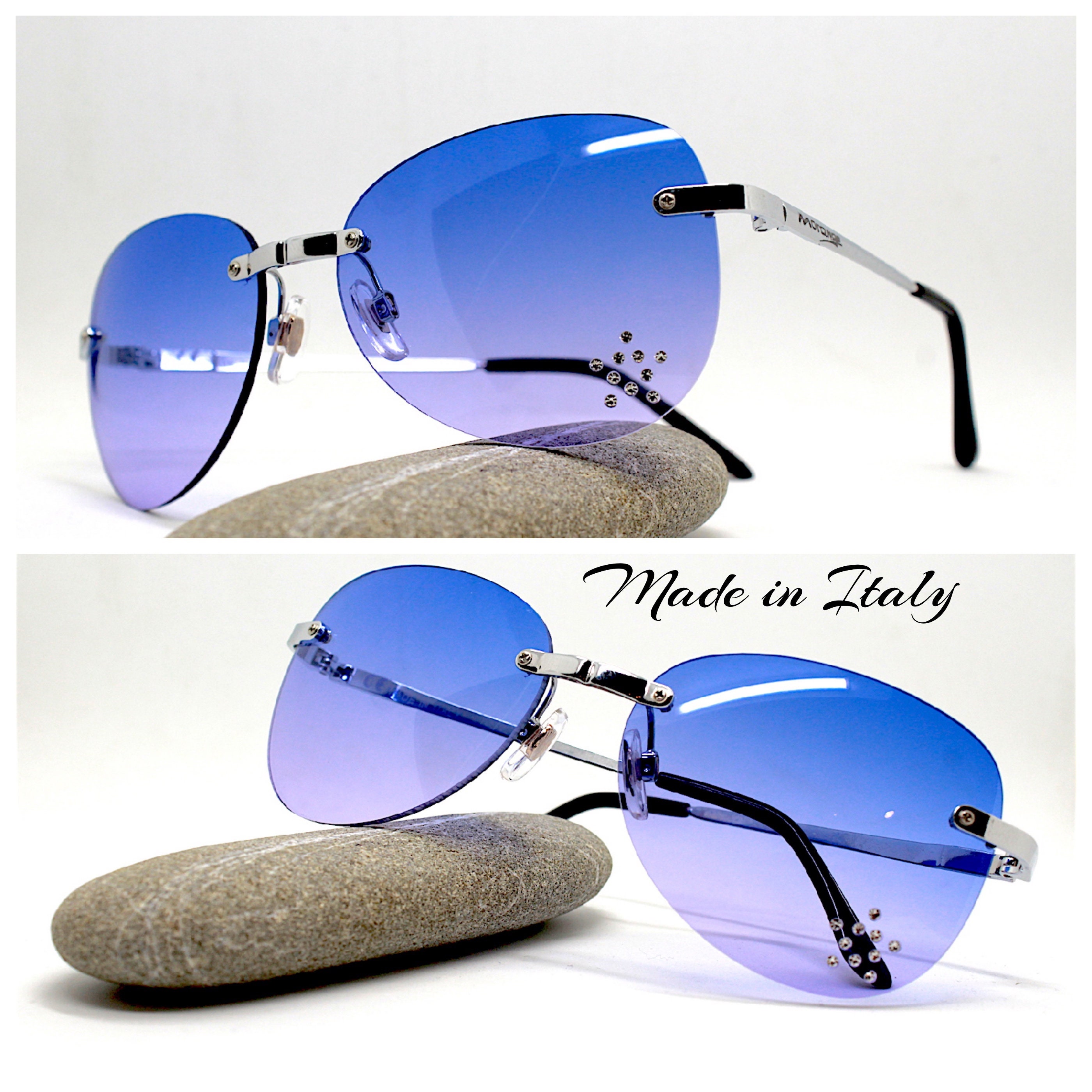 MADE IN ITALY oval rimless sunglasses woman blue purple star hippy 70s ...