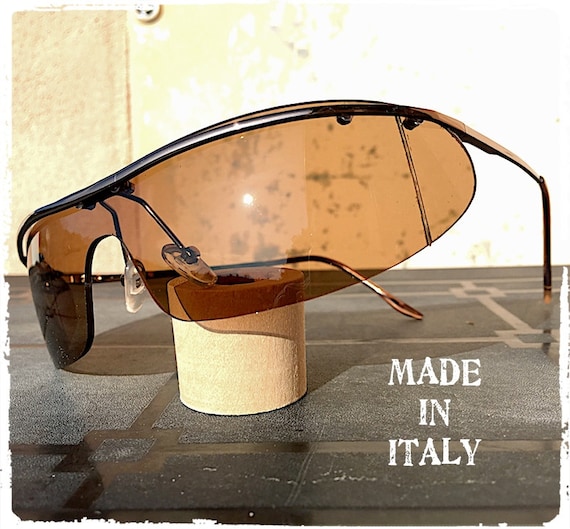 Vintage rectangular mask sunglasses, rimless moto… - image 1