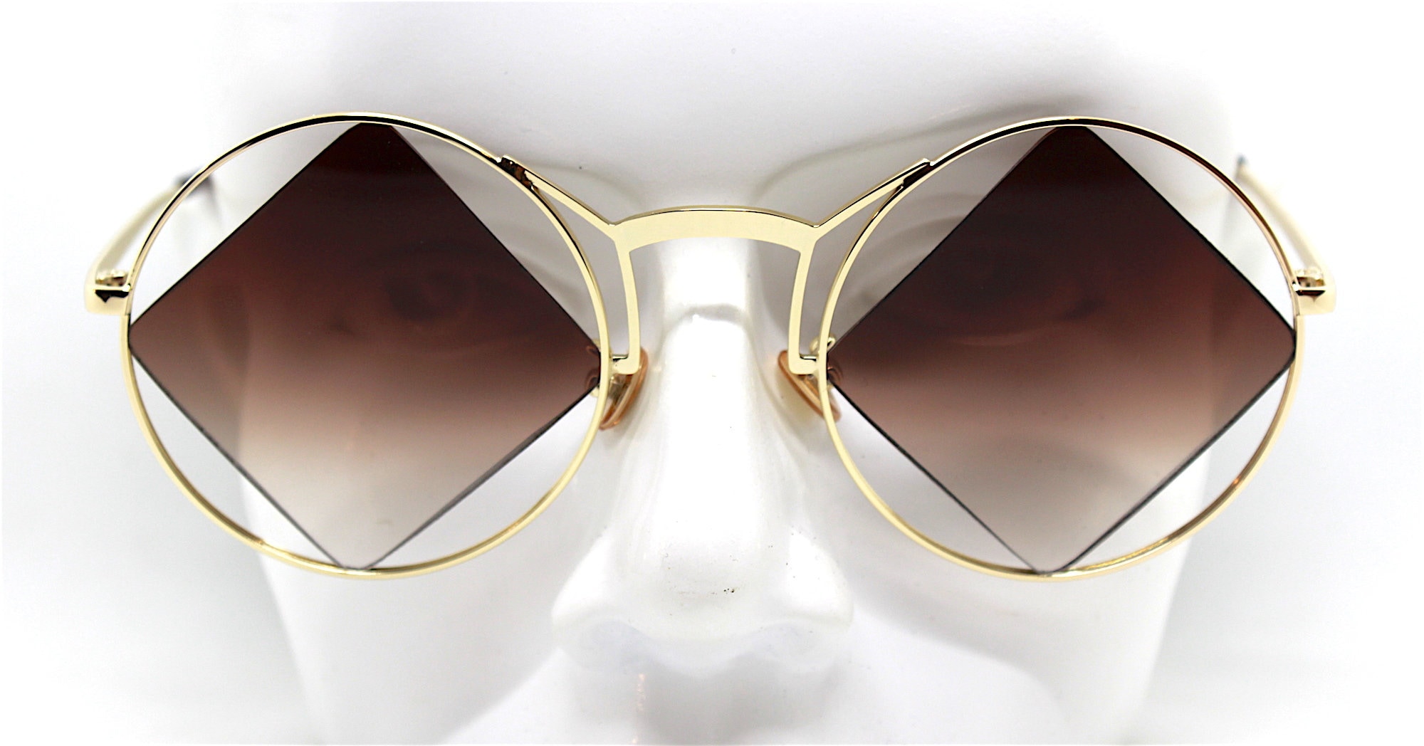 Big round Sunglasses woman rhombus diamond gold frame brown gradient