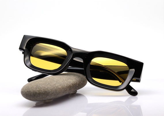 Polarized Small Square Rectangular Sunglasses Man Woman Glossy Black Frame Yellow Lens