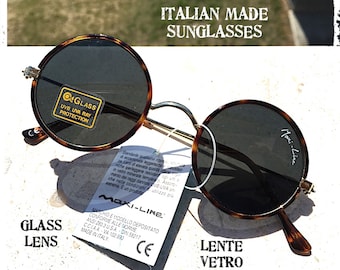 MADE IN ITALY teashades lunettes de soleil rondes de petite taille homme femme métal or tortue cadre verre trempé lentille noire vintage années 90 John Lennon