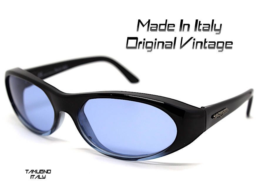 Occhiali da sole uomo vintage rettangolare ovale nero lente azzurra,  sunglasses man oval rectangular black lens blue light Made in Italy