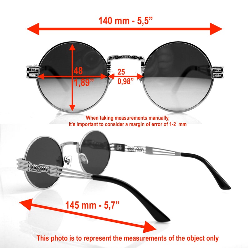 K&ouml;nnte beinhalten: Silberne runde Sonnenbrille mit schwarzem Gestell. Die Gl&auml;ser sind grau get&ouml;nt. Die Sonnenbrille ist 14 cm breit und 14,5 cm lang.