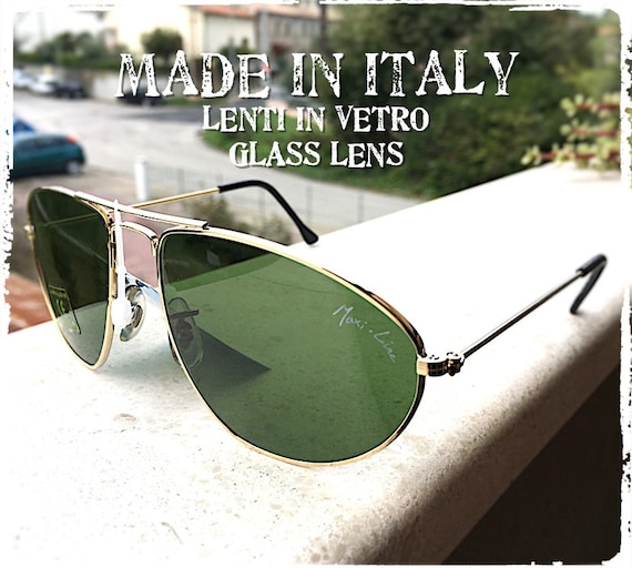Men's Triangular Pilot Sunglasses Gold Green Glass Lens Sunglasses Men Triangular Pilot Glass Lens Made in Italy