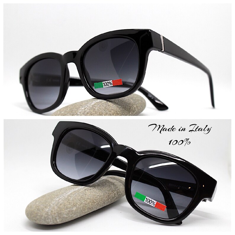 Occhiali sole uomo donna quadrato rotondo nero maculato marrone viola Square round sunglasses woman man black purple spotted Made in Italy