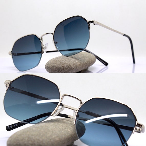 Round Octagonal Classic Sunglasses Man Woman Silver Metal Frame Baby Blue  Nuanced Lens Boho Hippy Retrò Style Medium Size, Occhiali -  Canada