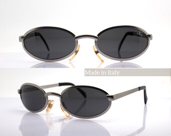 90s VINTAGE SUNGLASSES man woman Small Low Oval shape Matt gray metal black lenses retro rock style HandMade in Italy, Low oval glasses