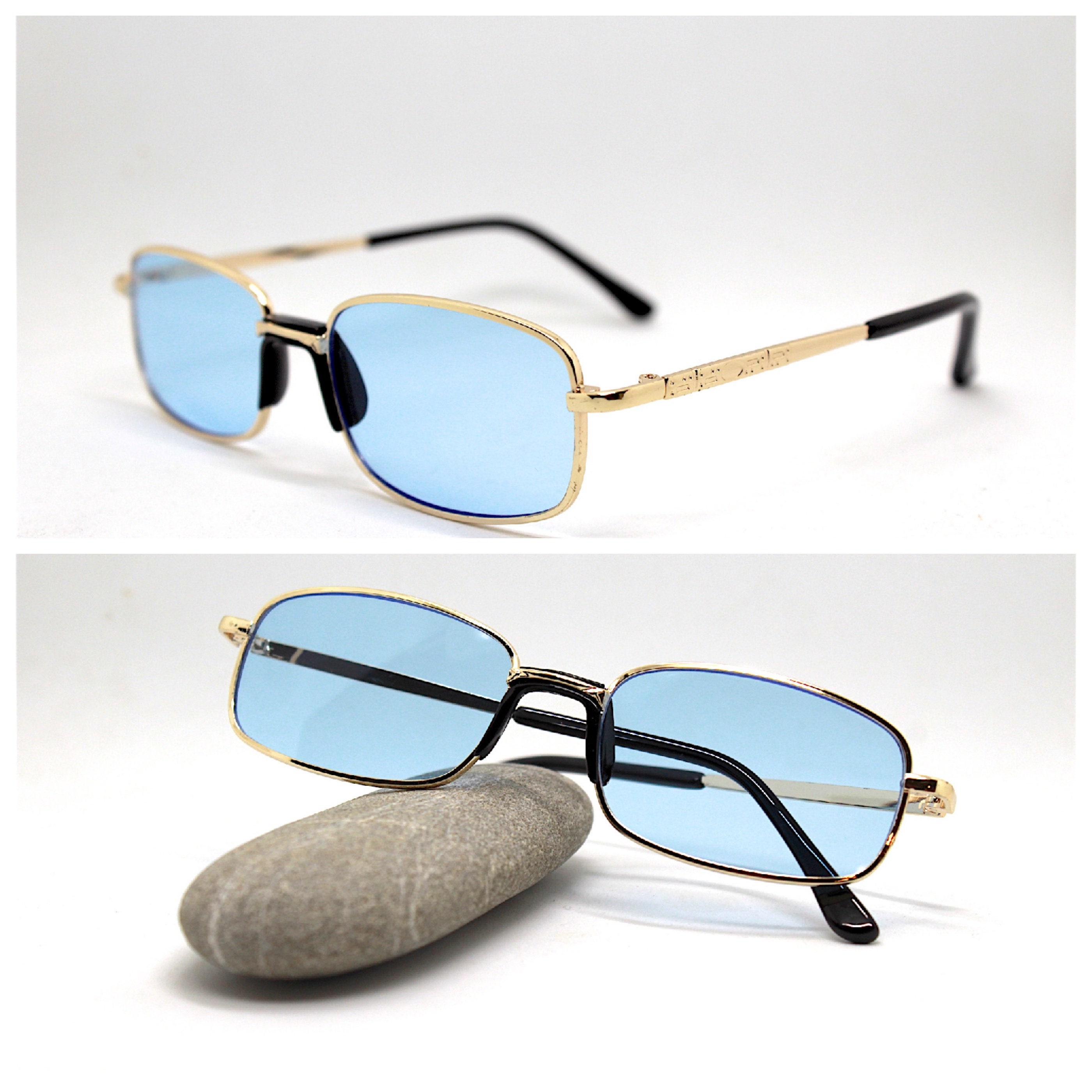 Rectangular sunglasses man woman gold metal frame blue light lens ...