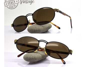 90s VINTAGE SUNGLASSES Made in Italy shades for man and woman / Classic glasses round oval matt black gold tortoise frames / Brown lenses