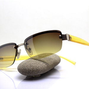 Rimless rectangular classic sunglasses man woman gray yellow frame shaded yellow lens hippy boho vintage 90s, Retro yellow sunglasses