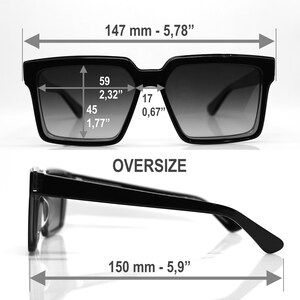 May include: Black oversized sunglasses with a square frame. The sunglasses measure 5.78 inches wide and 5.9 inches long. The measurements are labeled in inches and millimeters.