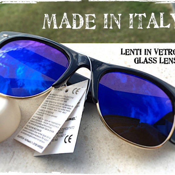 Occhiali da sole uomo stile classico quadrato nero specchio blu Man sunglasses square rimless vintage black mirror blue Made in Italy