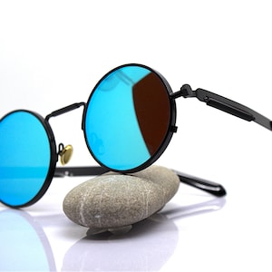 Ronde ovale zonnebril man vrouw zwart metalen montuur spiegel blauwe lens Steampunk Vampier gothic Cyberpunk rock punk, ronde bril zwart blauw