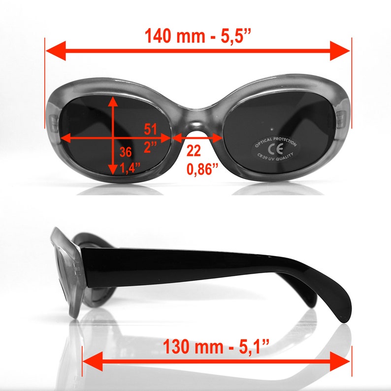 May include: Gray oval sunglasses with black lenses. The sunglasses measure 5.5 inches wide and 2.1 inches tall. The lenses are 1.4 inches wide and 0.86 inches tall. The sunglasses have a CE mark and say "Optical Protection, CE, C20 UV Quality".