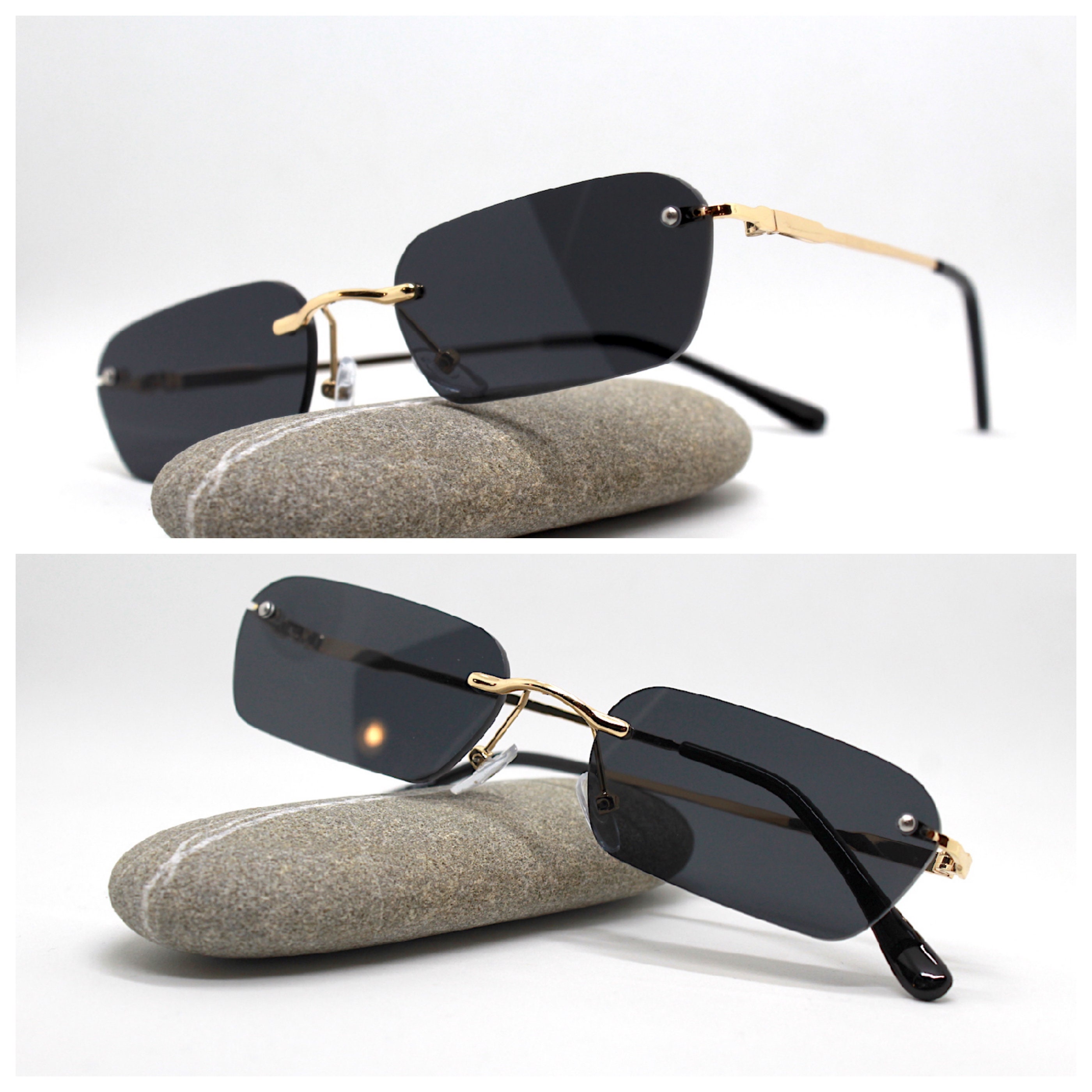 Occhiali da sole uomo donna senza montatura rettangolare oro lente nera Rimless rectangular Sunglasses man woman gold frame black lens hippy