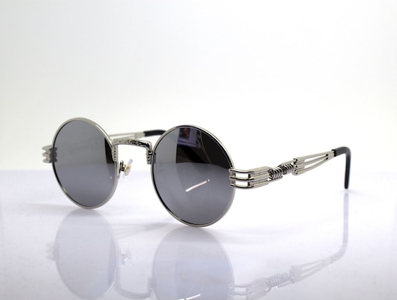 POLARIZED SUNGLASSES man woman round silver metal frame silver mirrored lens, industrial mechanical spring Steampunk Cyberpunk gothic rock