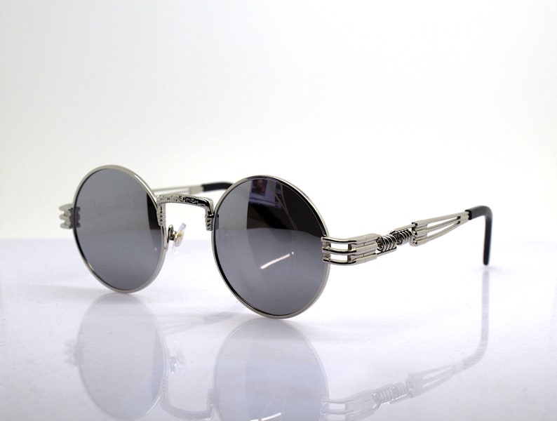 POLARIZED SUNGLASSES man woman round silver metal frame silver mirrored lens, industrial mechanical spring Steampunk Cyberpunk gothic rock