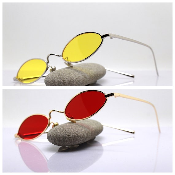 Small Oval Sunglasses Man Woman Silver Gold Metal Frame Yellow Red
