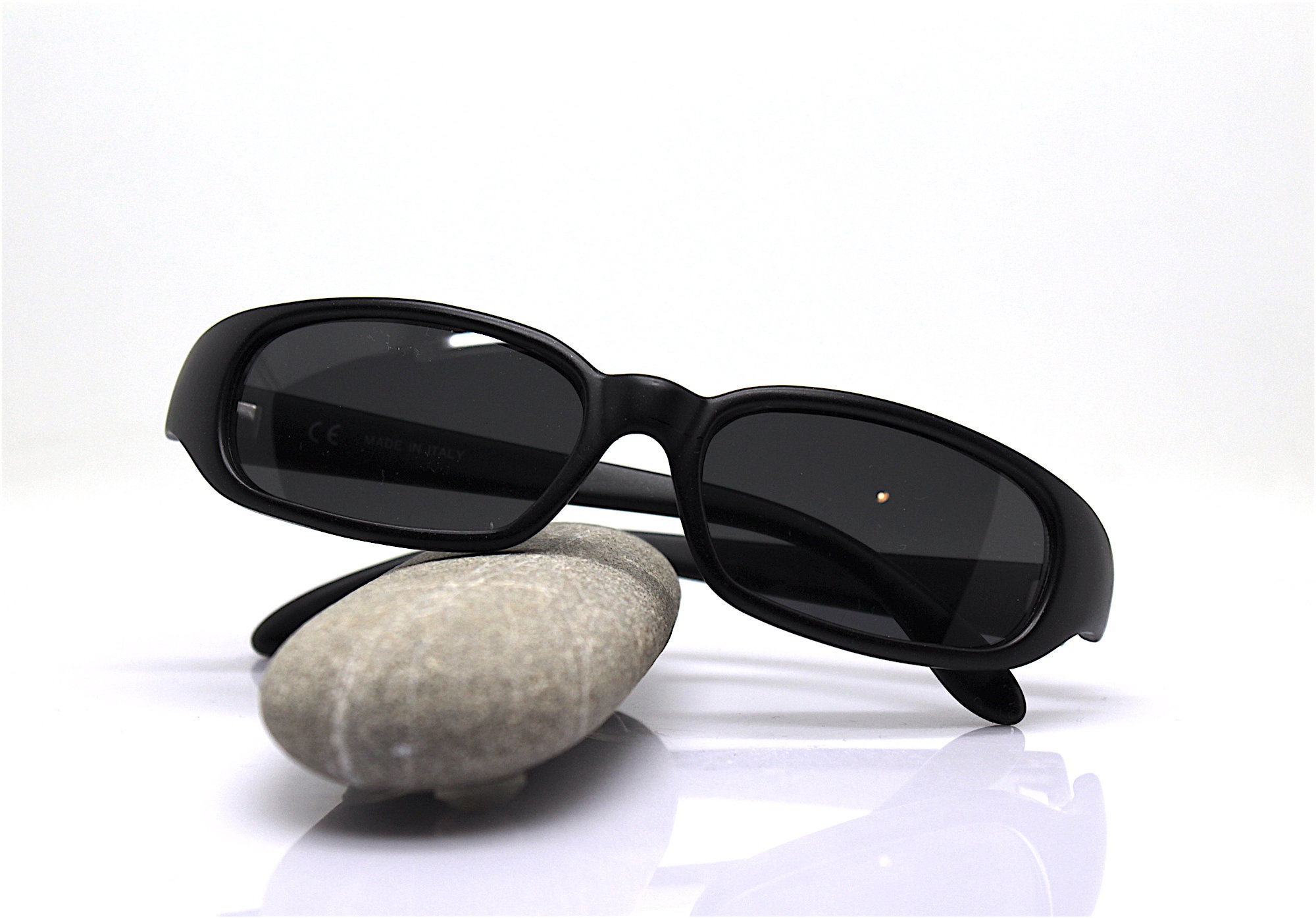 Made in Italy Small Size Rectangular Sunglasses Men Matt Black Frame Black Lens Vintage 90S, Small Black Rectangular Men's Sunglasses