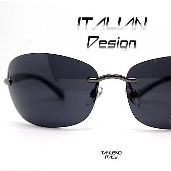 Vintage men's sunglasses wraparound oval rimless gray black, Sunglasses man oval rimless style matrix adherent Black Italian