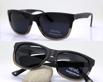 HENKO square rectangular classic sunglasses man black wood effect frame with brown transparent lower part polarized black lens retrò vintage