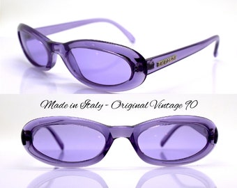 MADE IN ITALY rectangle small low oval sunglasses woman purple crystal clear frame light purple lens vintage 90s hippy rock boho cosplay