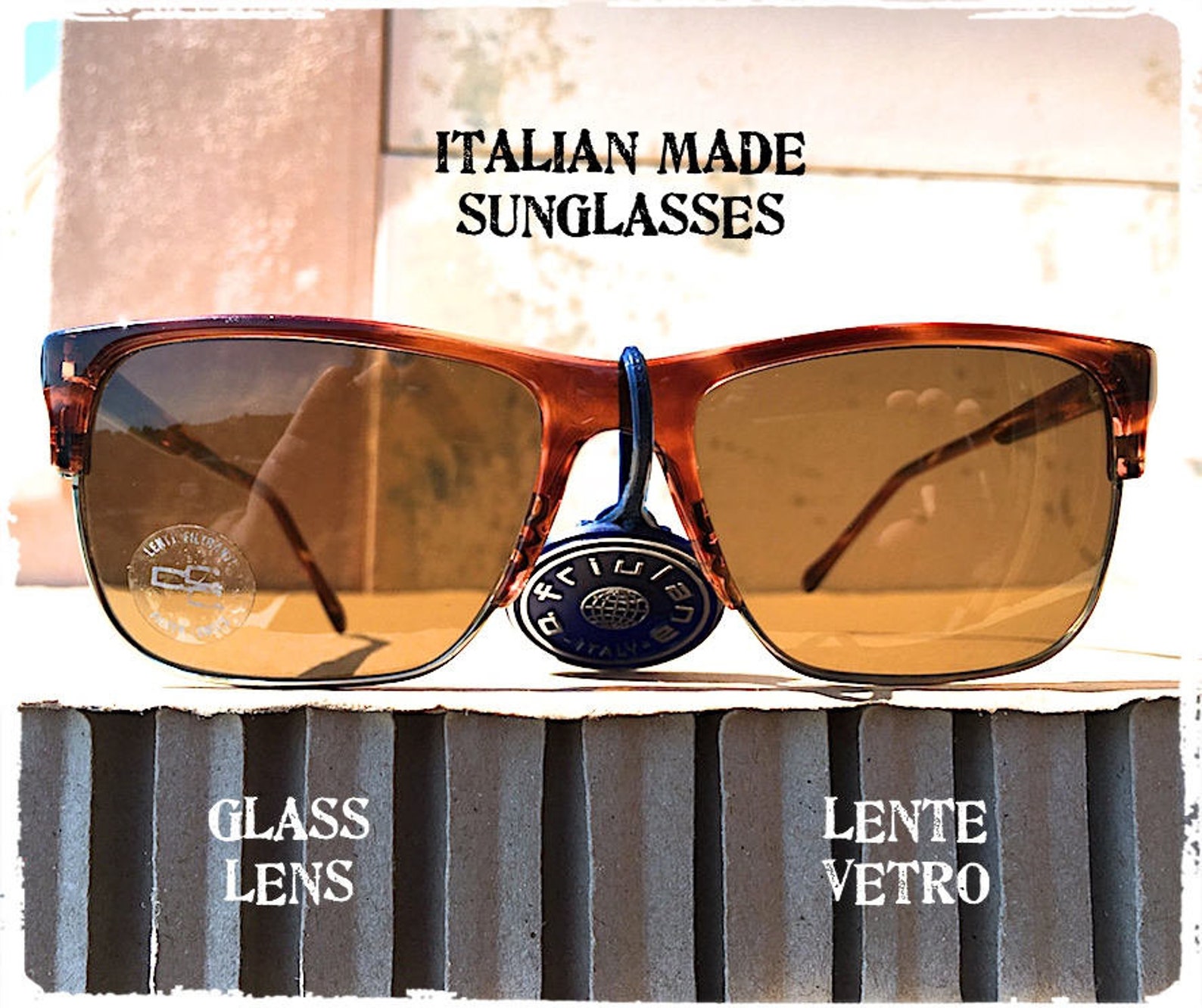 MADE IN ITALY Classic Sunglasses Man Rectangular Square Honey Brown — free download