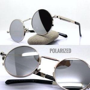 POLARIZED Steampunk round sunglasses man woman silver metal frame silver mirrored lens industrial style mechanical Vampire gothic rock punk