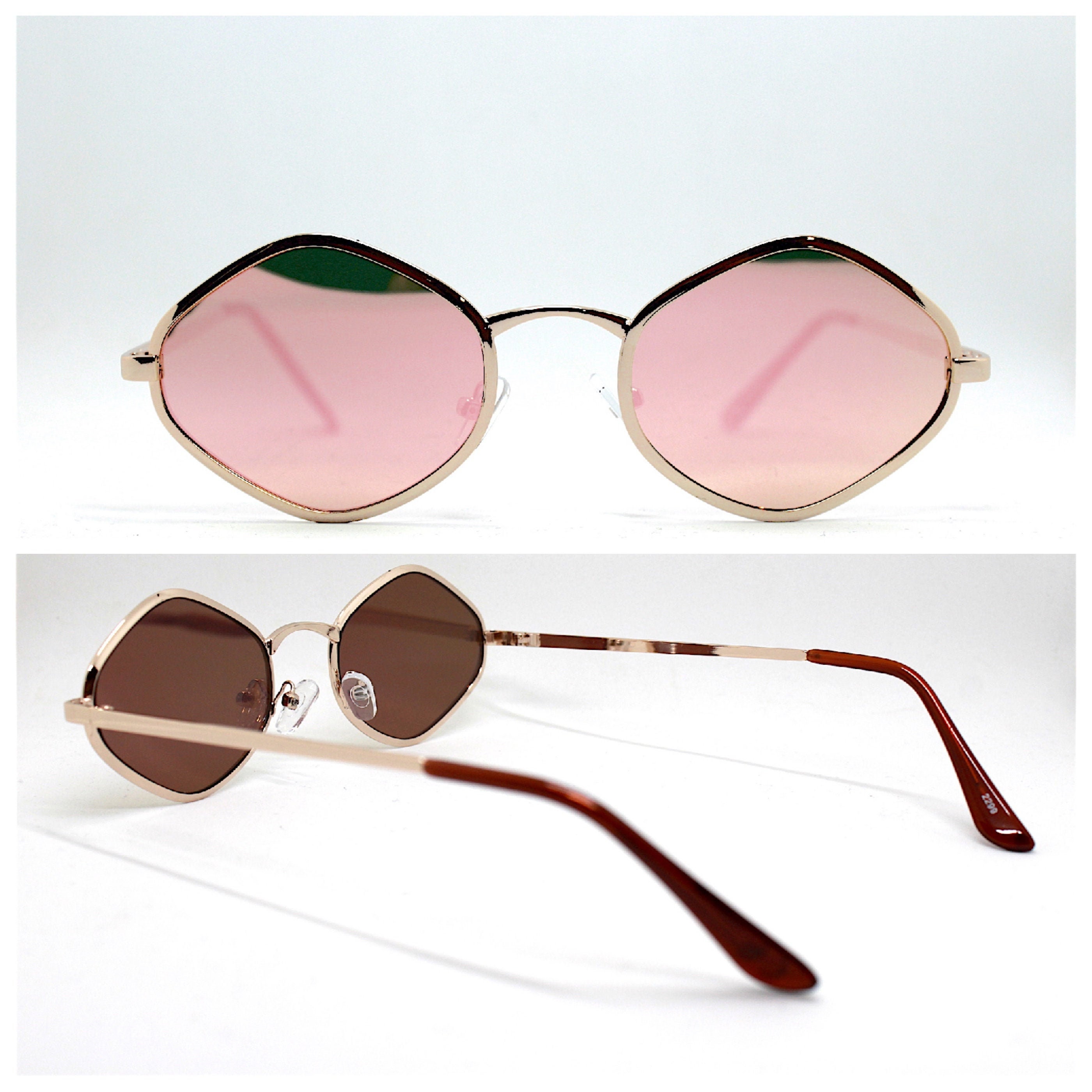 Hexagonal rhombus sunglasses woman gold metal frame mirror pink lens
