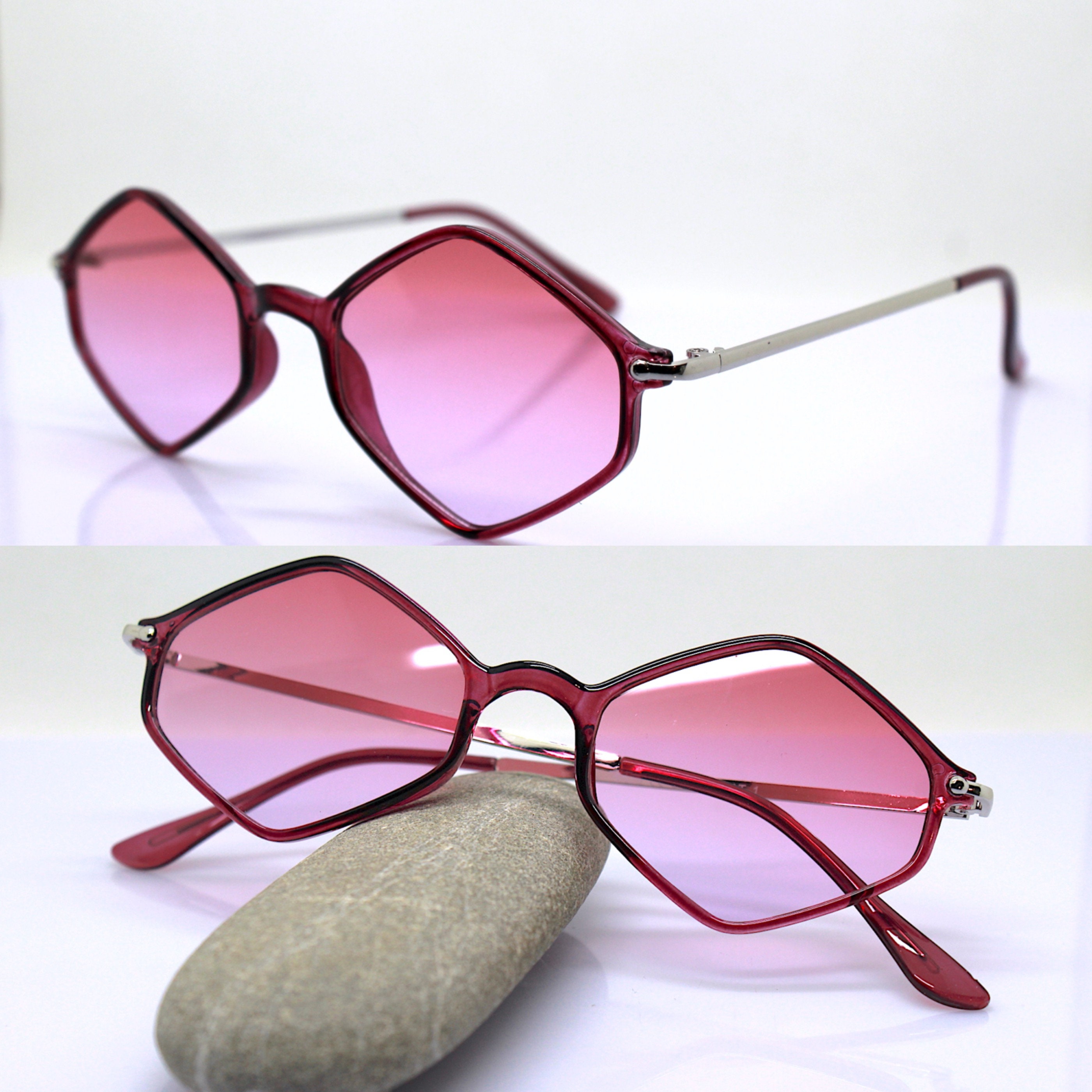 Hexagonal Diamond Rhombus Sunglasses Woman Man Silver Purple Frame Shaded Light Pink Lens Hippies Boho 70s 80s Sunglasses Woman Rhombus Etsy UK