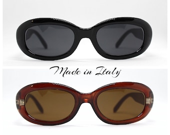 MADE IN ITALY rectangular oval sunglasses woman black brown pearl frame black brown lens vintage 90s classic, oval women's sunglasses