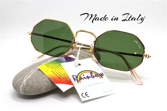 MADE IN ITALY lunettes de soleil hexagonales octogonales homme femme métal  cadre doré verre trempé lentille verte vintage années 80 boho hippie,  lunettes de soleil -  France