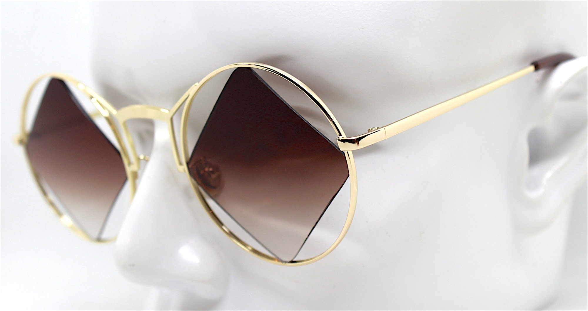 Big Round Sunglasses Woman Rhombus Diamond Gold Frame Brown Gradient Lens Vintage Steampunk