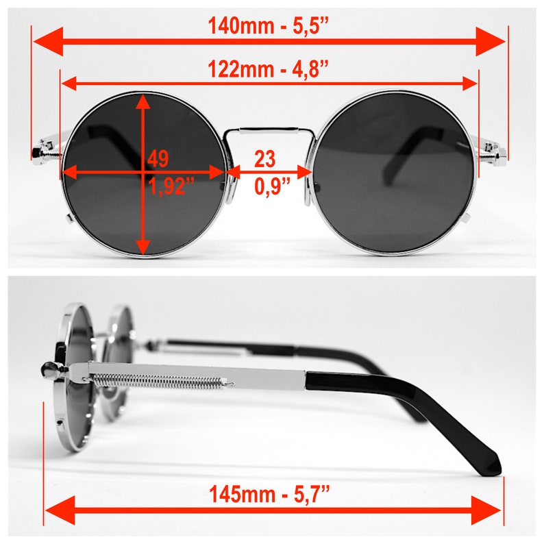 K&ouml;nnte beinhalten: Runde Sonnenbrille mit silbernem Rahmen und dunklen Gl&auml;sern. Die Brille ist 140 mm breit, 122 mm &uuml;ber die Gl&auml;ser und 145 mm lang. Die Gl&auml;ser sind 49 mm hoch und 23 mm breit.