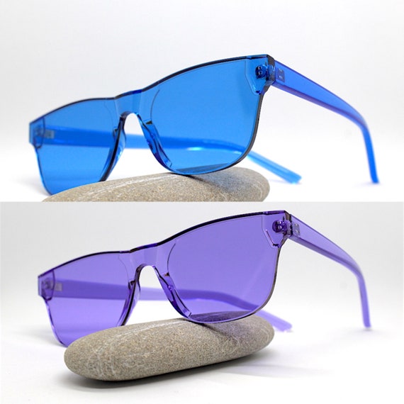 スクエア型リムレスサングラス 男性 女性 紫 青 プラスチックフレーム