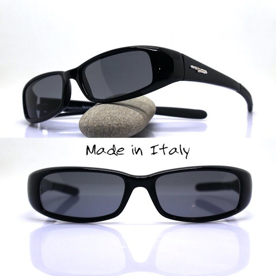 MADE IN ITALY Small Low Rectangular Sunglasses Man Glossy Black Frame Smoke Black  Lens Straight Arm Vintage 90s, Low Rectangular Glasses 