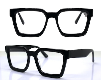 CLASSIC SQUARE EYEGLASSES: Thick Glossy Black Acetate Frame, Retro Vintage  50s Style, Timeless shades, Must-Have Glasses for Men Women