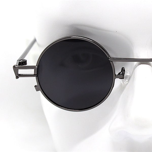 Round cool sunglasses man woman gunmetal frame black lens steampunk rock punk gothic celtic music cosplay Y2k