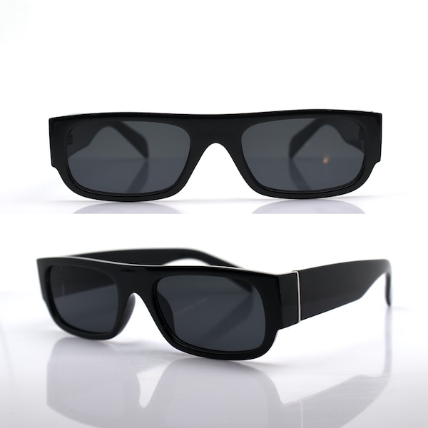 Low rectangular classic sunglasses man glossy black frame black lens  retrò vintage style 90s, Occhiali da sole uomo rettangolare basso nero