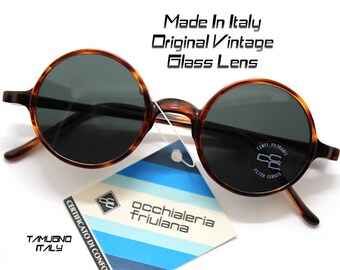 Runde Sonnenbrille rund TURTLE TORTOISE Glaslinsen Glaslinse Vintage Sonnenbrille Retro Hippie Lennon Made in Italy