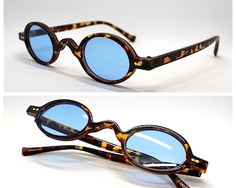 Occhiali da sole retrò vintage uomo donna ovale piccolo tartaruga lente azzurra, Small oval sunglasses man woman tortoise brown blue lens