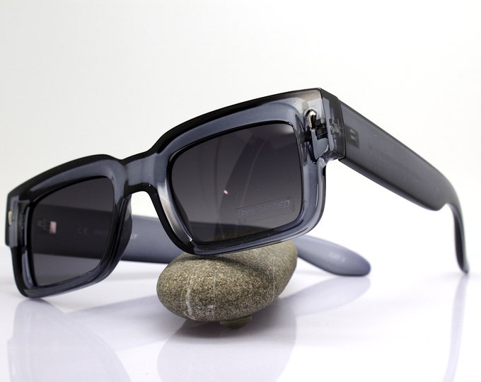 Featured listing image: POLARIZED MEN'S SUNGLASSES Made in Italy / thick rectangular frame retro transparent gray / polarized lenses quality smoke gradient