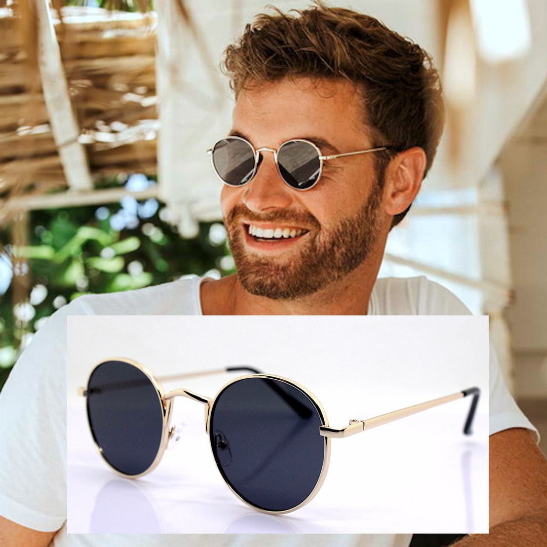 Round Oval Sunglasses Man Woman Metal Gold Frame Black Lens Etsy