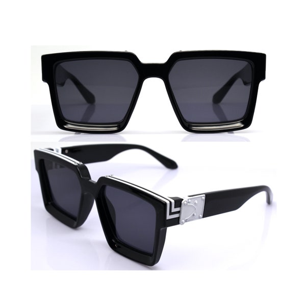 Oversize sunglasses man woman Big square Black white frame black lens tattoo rap hip hop style, fashionable thick frame, glasses