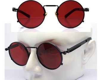 POLARIZADAS Steampunk gafas de sol redondas hombre mujer montura de metal negro lente roja estilo industrial con resorte mecánico Vampiro gótico rock punk