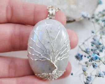 Rainbow Moonstone Necklace, Tree Of Life Pendant, Moon Jewelry, June Birthstone, Silver Wire Wrap Jewelry, Bridesmaid Jewelry, Mom Gift